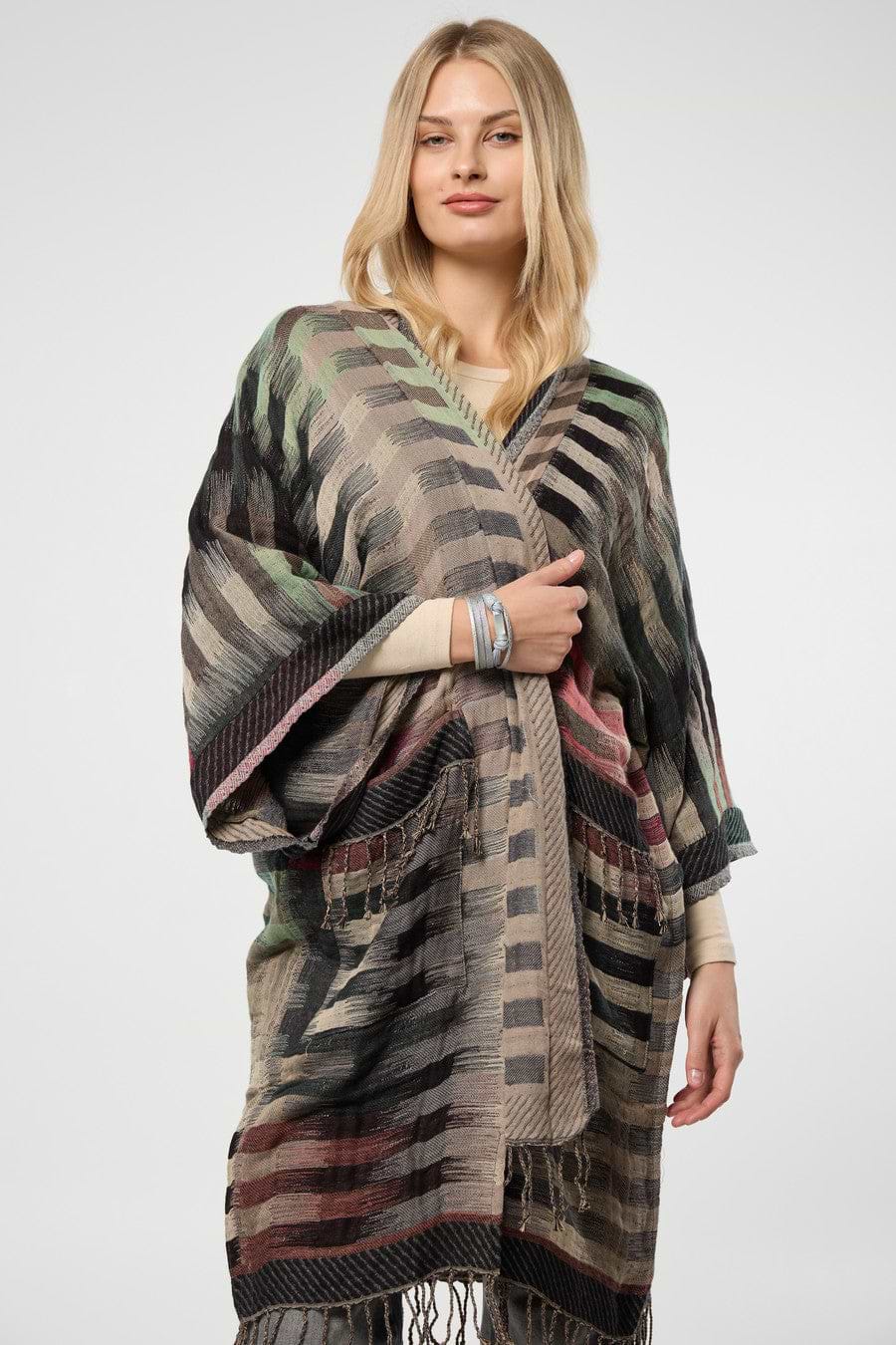 Cotton Retro Striped Fringe Long Jacket - Gray
