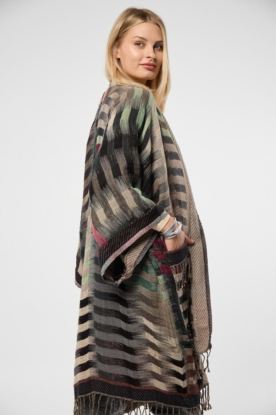 Cotton Retro Striped Fringe Long Jacket - Gray