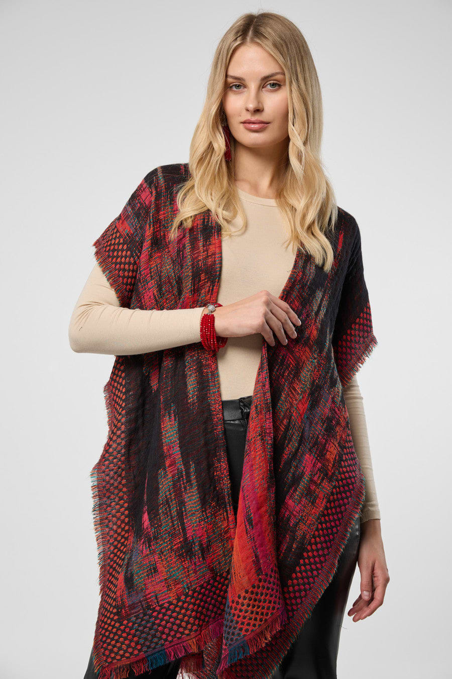 Woven Fringed Kimono - Dark Red