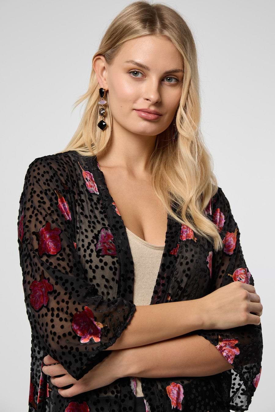 Black Velvet Rose Kimono - Black