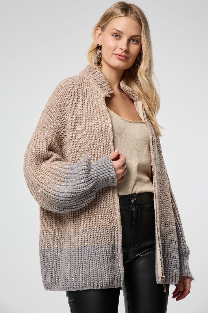Zip Up Sequin Cardigan - Beige
