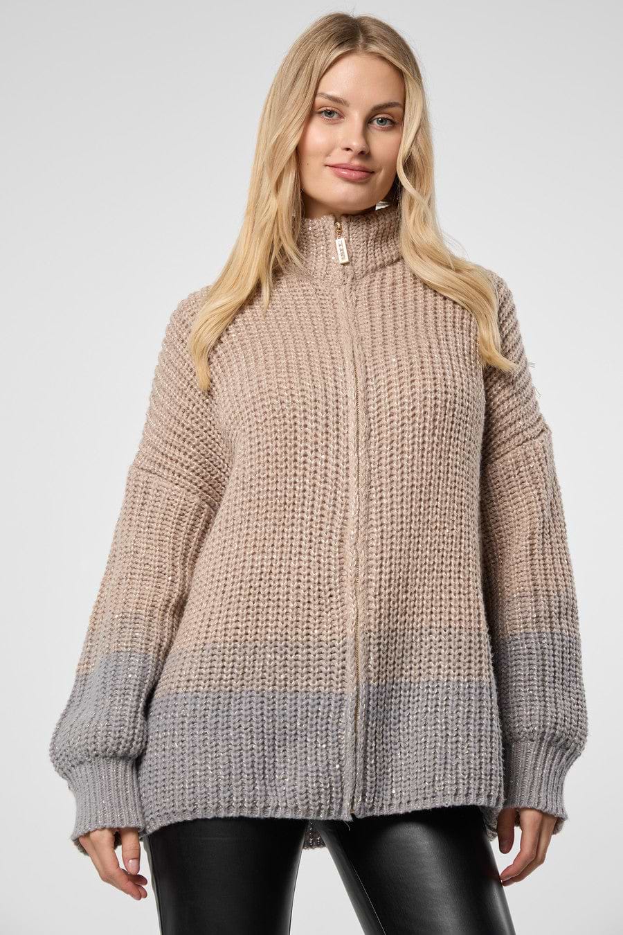 Zip Up Sequin Cardigan - Beige