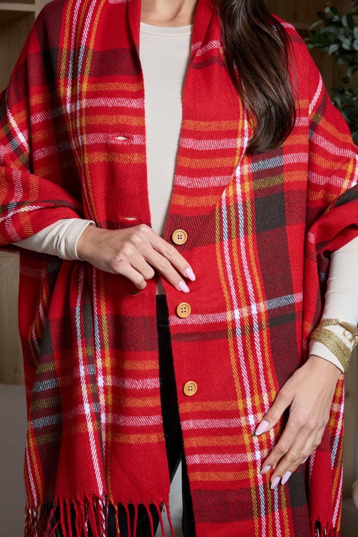 Plaid Tassel Buttoned Poncho - Red