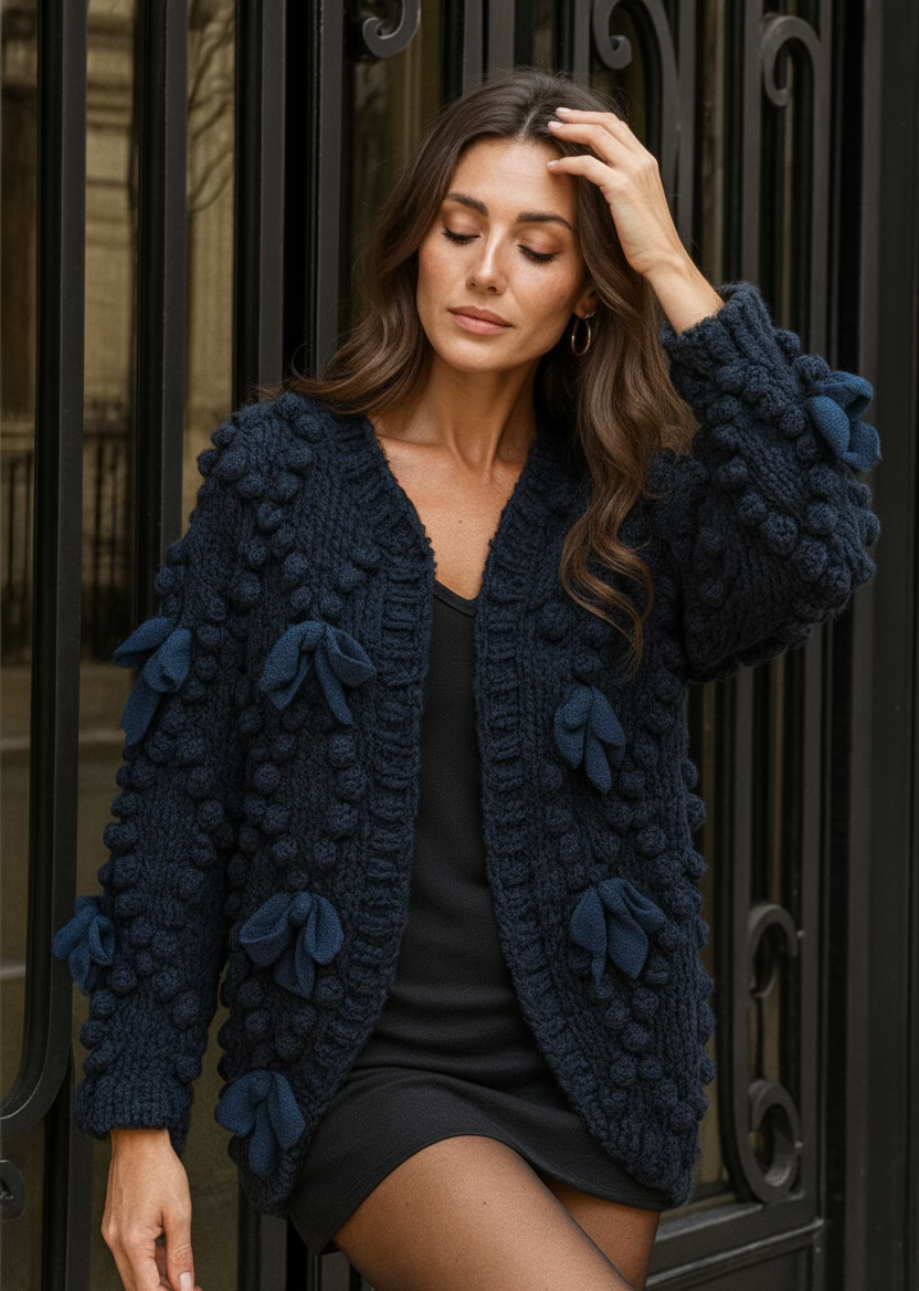 Textured  Bow Cardigan Sweater - Navy