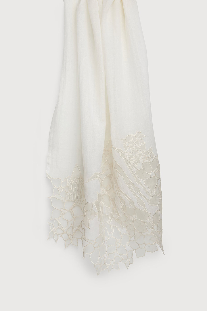 Vine with Floral Applique Wool Scarf - Ivory