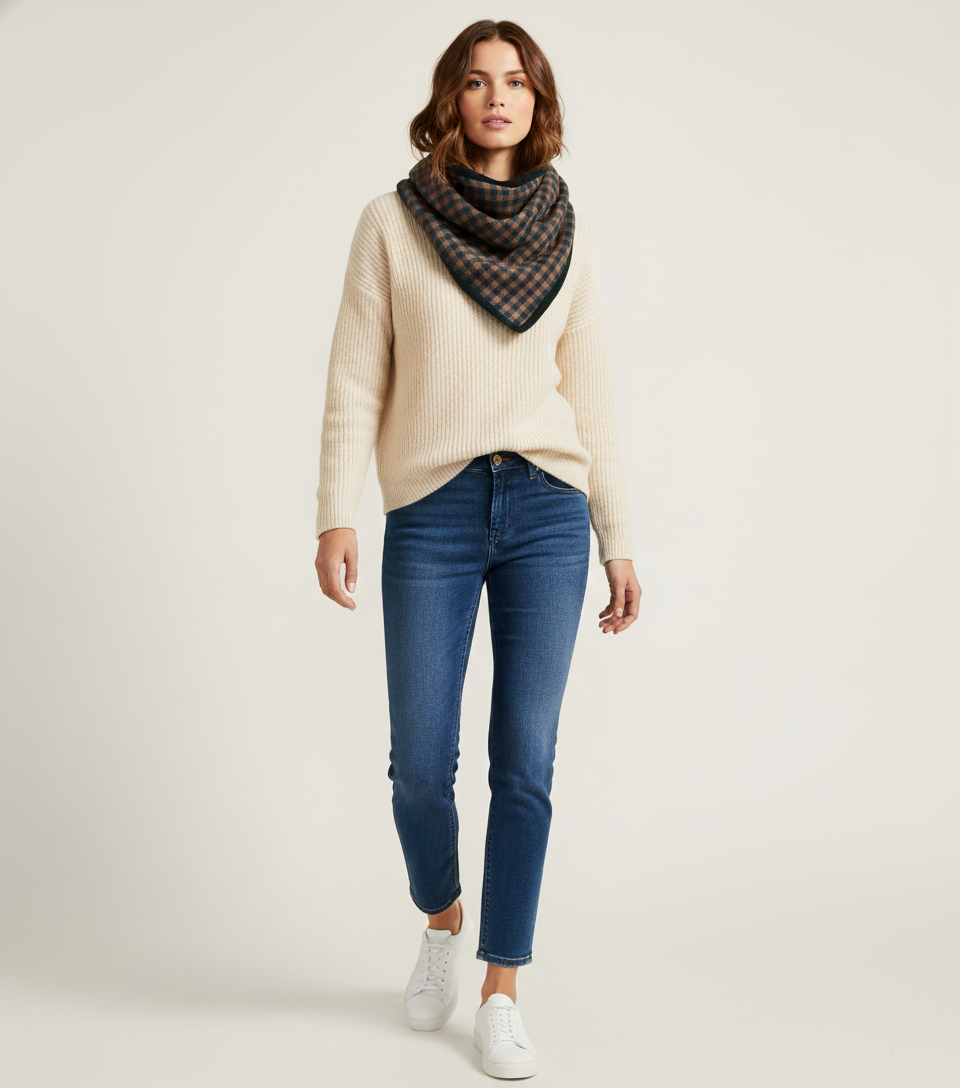 Plaid Wool Triangle Scarf - Black
