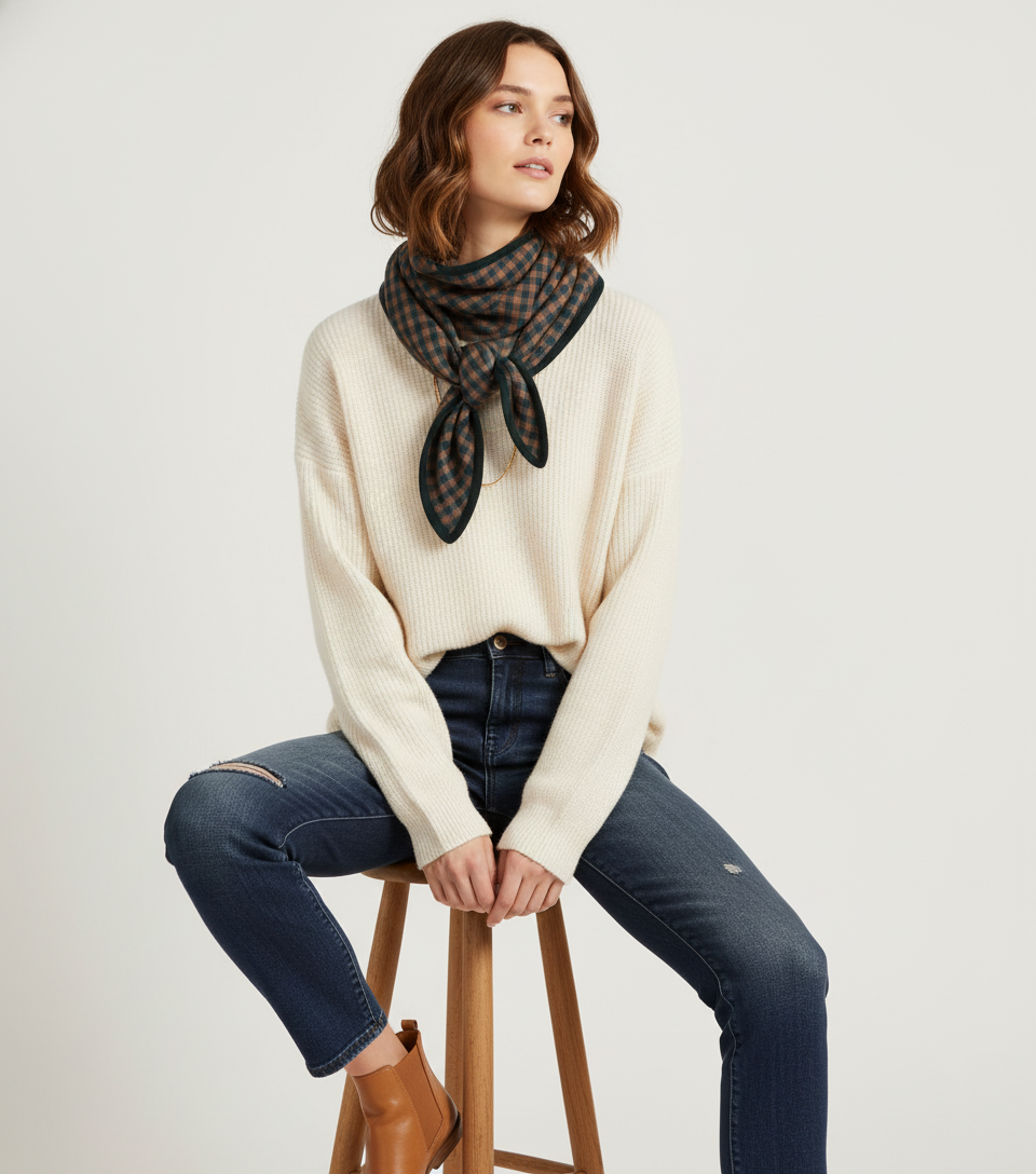 Plaid Wool Triangle Scarf - Black