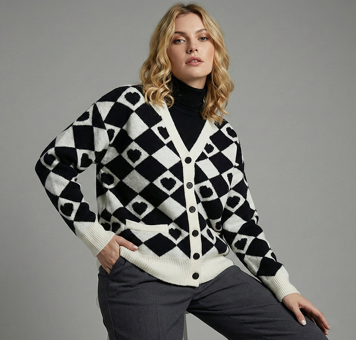 Checkered Hearts Cardigan - Black