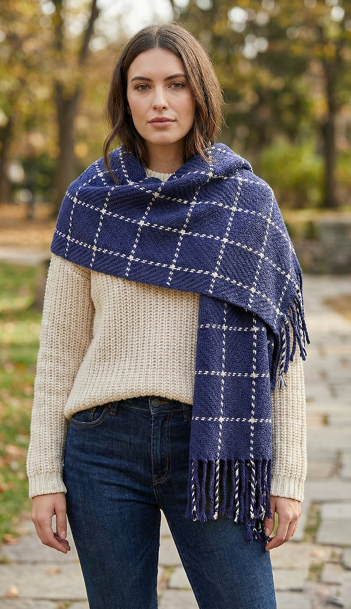 Stitched Plaid Scarf - Midnight Blue