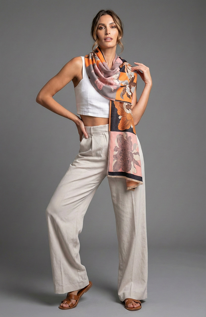 Flower Block Reversible Scarf - Sandy Brown
