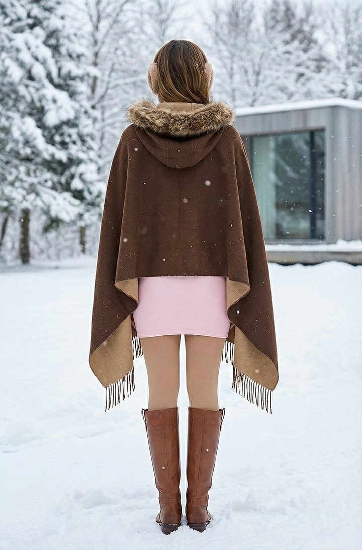 Fringe Fur Hood Scarf - Brown
