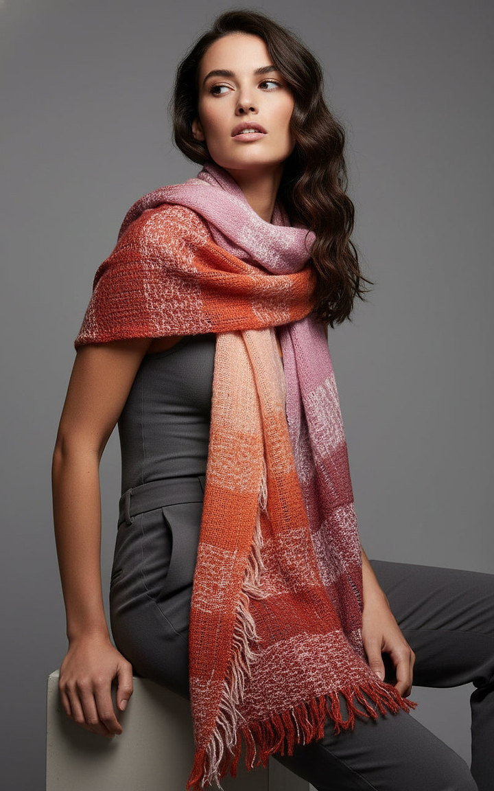 Striped Fringed Ombre Scarf - Pink Coral