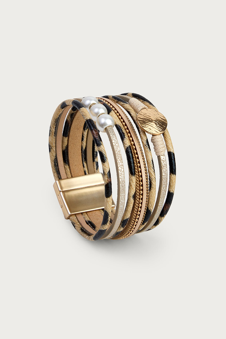 Animal Print Cord Leather Bracelet - Beige
