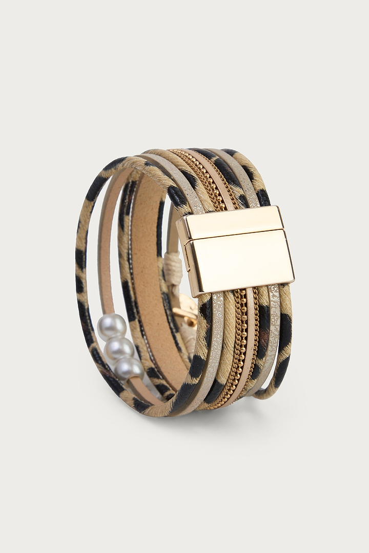Animal Print Cord Leather Bracelet - Beige