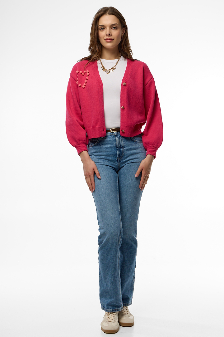 Heart Pom Pom Cardigan - Hot Pink