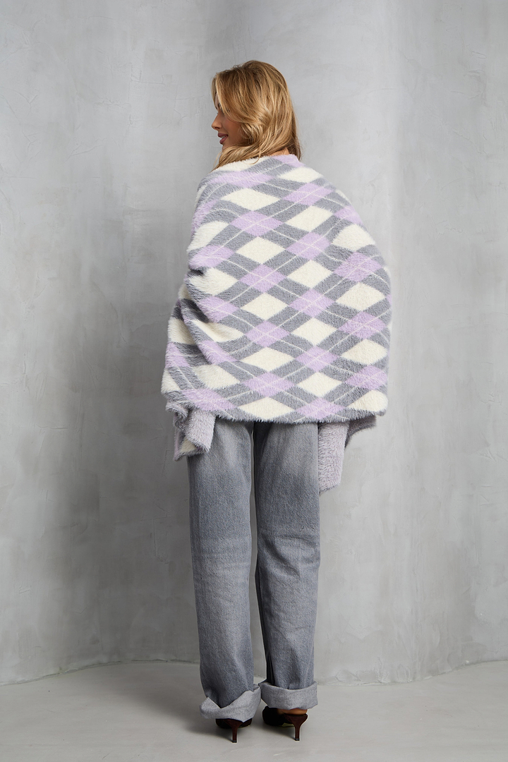 Oversized Argyle Cardigan - Grey
