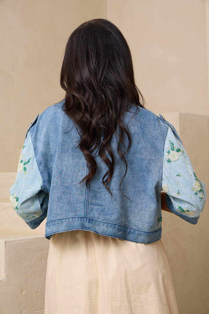 Flower Beaded Short Denim Jacket
