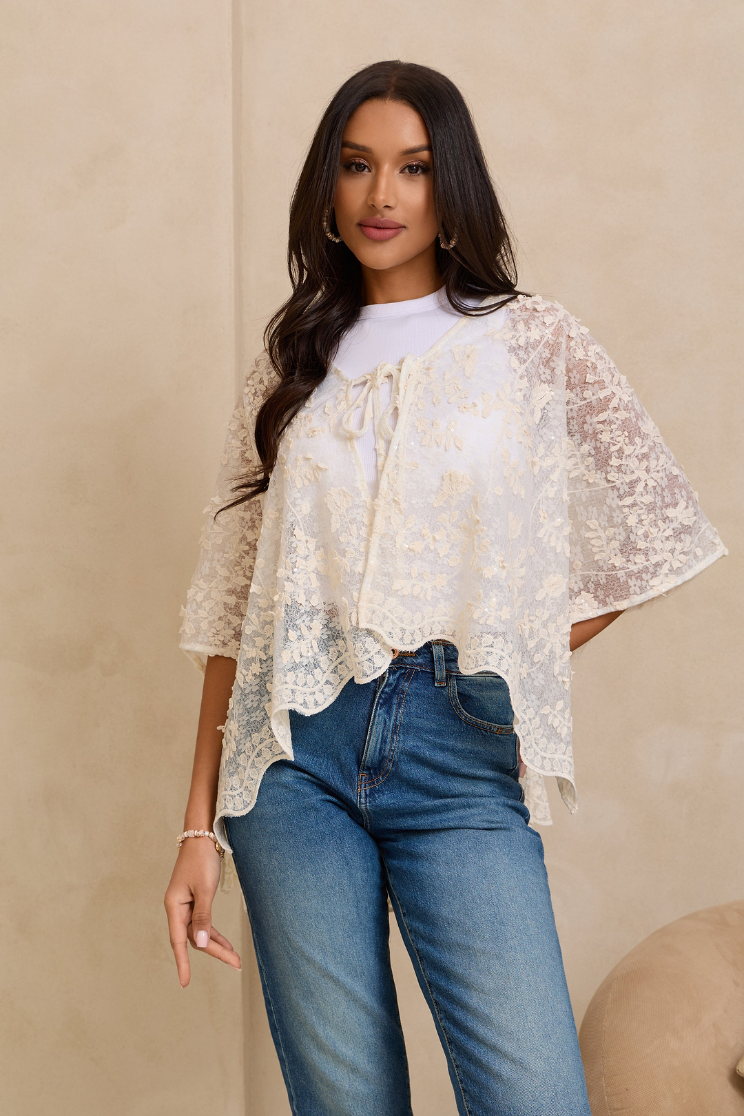 Floral Lace Tie Front Ruana - Ivory