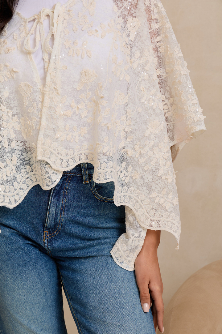 Floral Lace Tie Front Ruana - Ivory