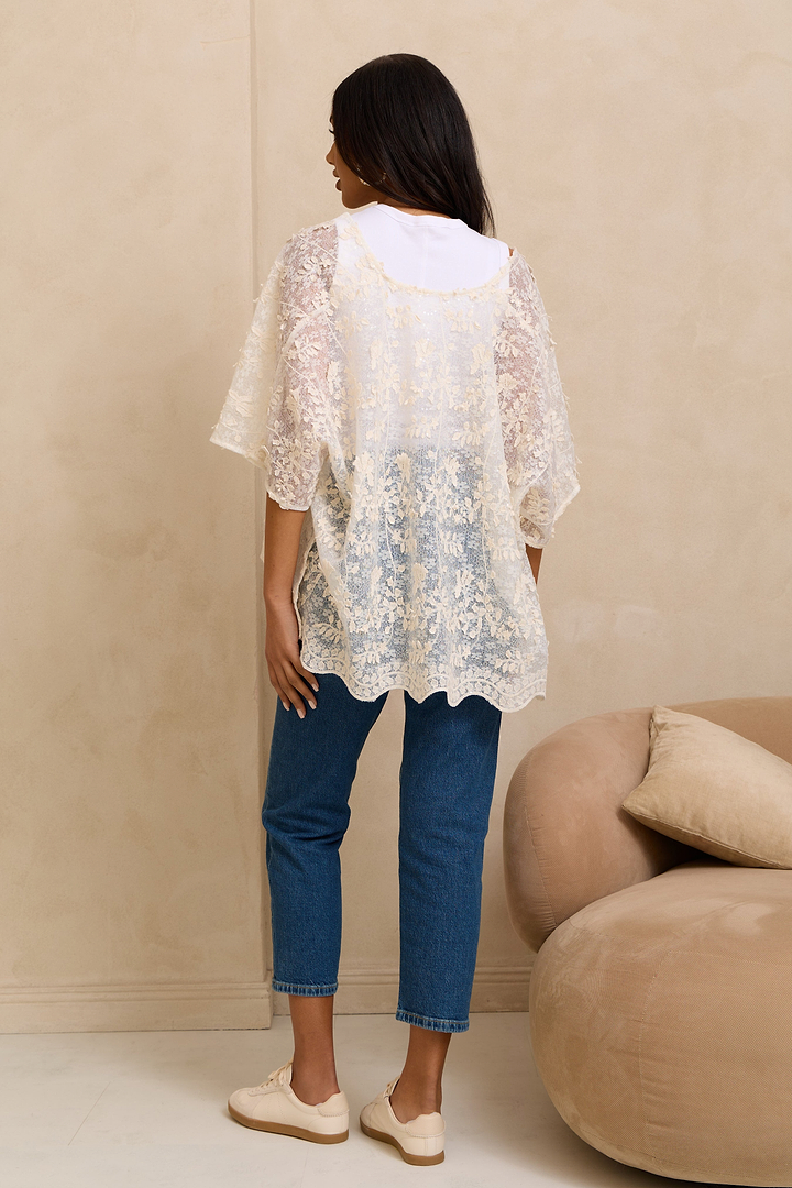 Floral Lace Tie Front Ruana - Ivory