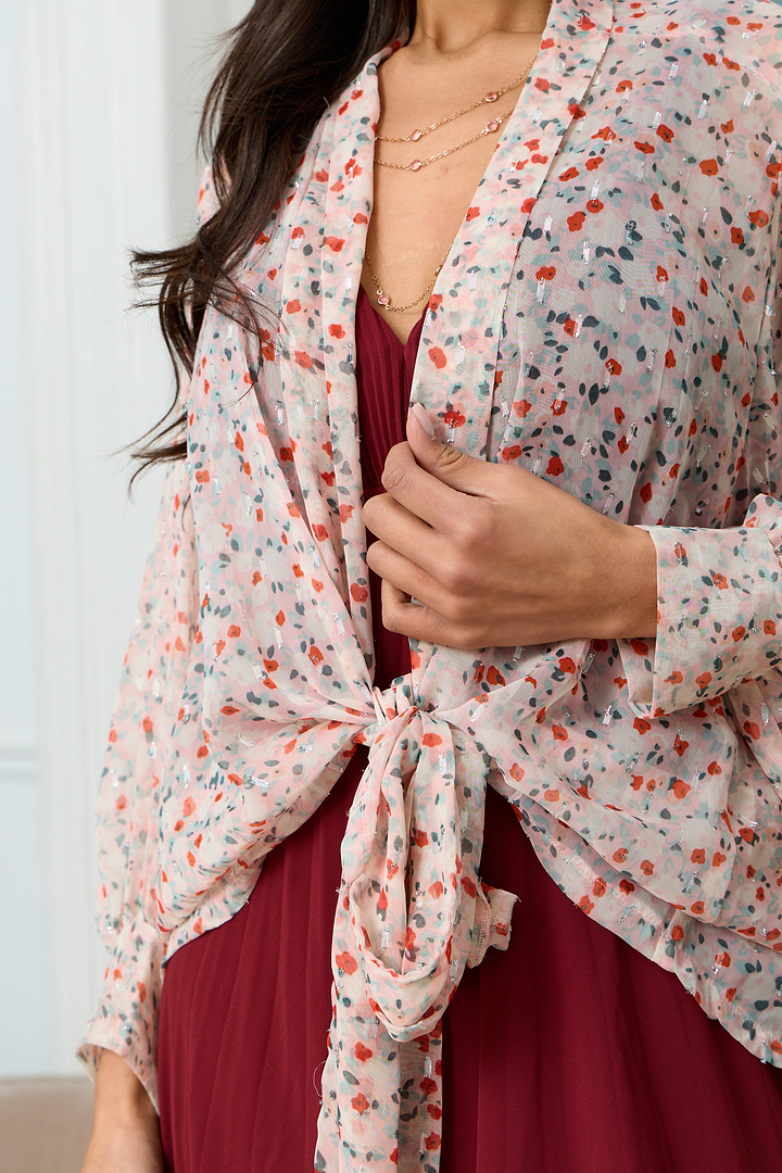 Tie Front Floral Kimono - Lavender Blush