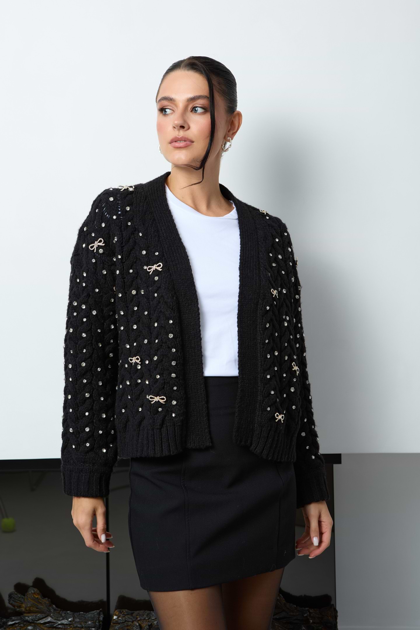 Bow Jeweled Cardigan - Black