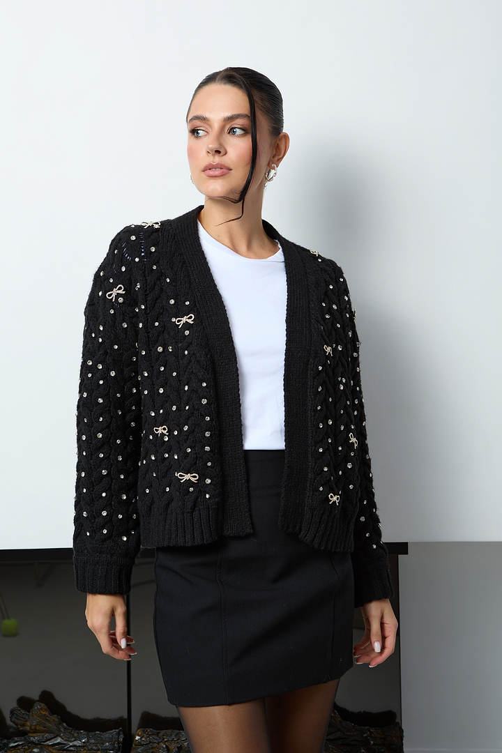 Bow Jeweled Cardigan - Black