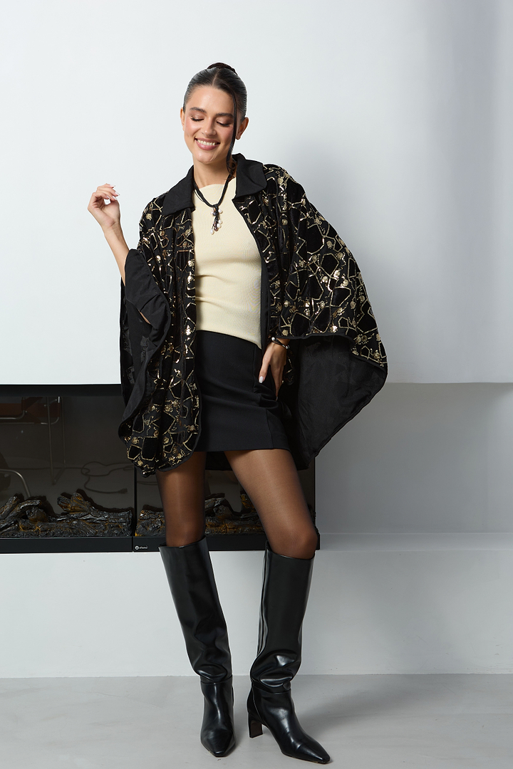 Velvet Sequin Collared Capelet - Black
