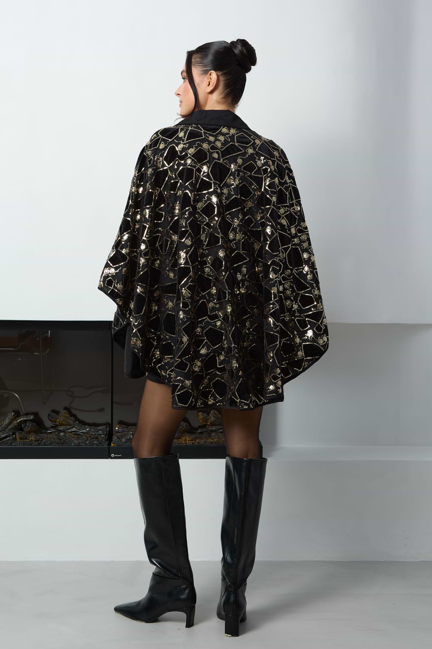 Velvet Sequin Collared Capelet - Black