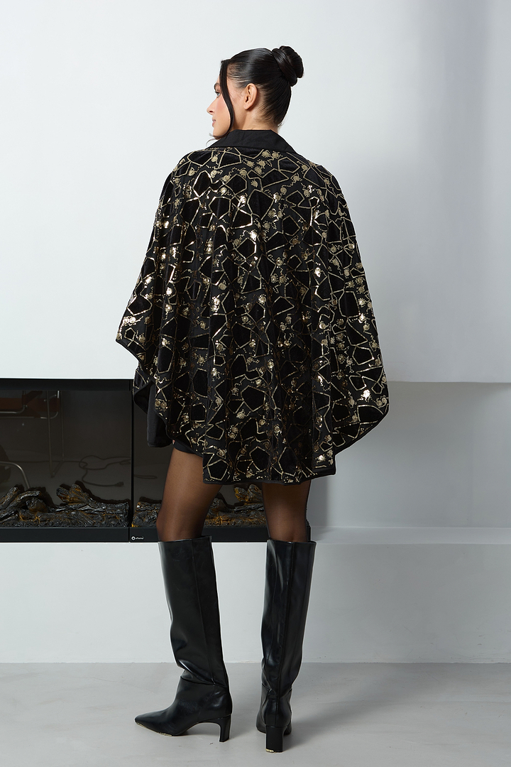 Velvet Sequin Collared Capelet - Black