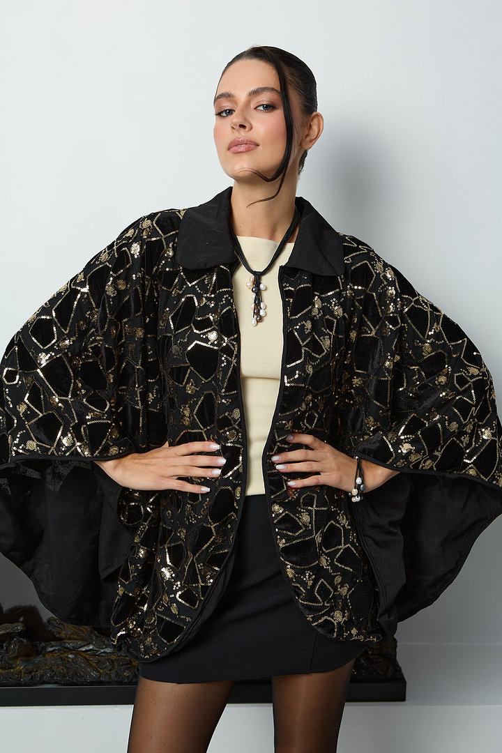 Velvet Sequin Collared Capelet - Black