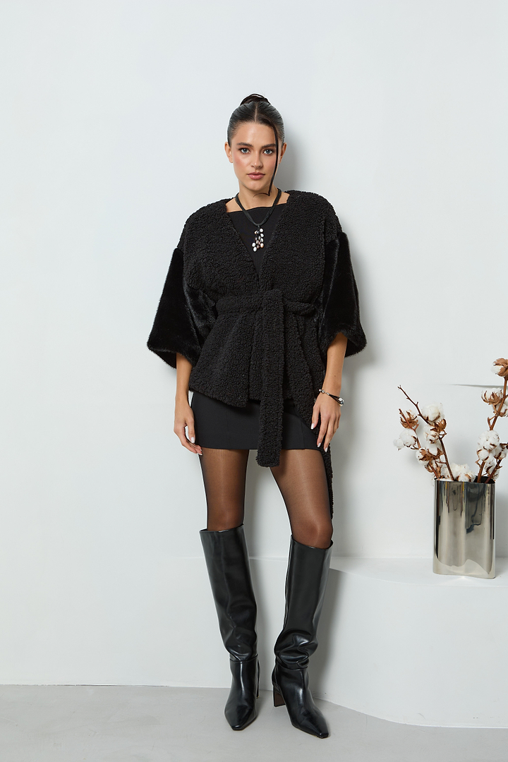 Fur Tie Front Short Kimono - Black