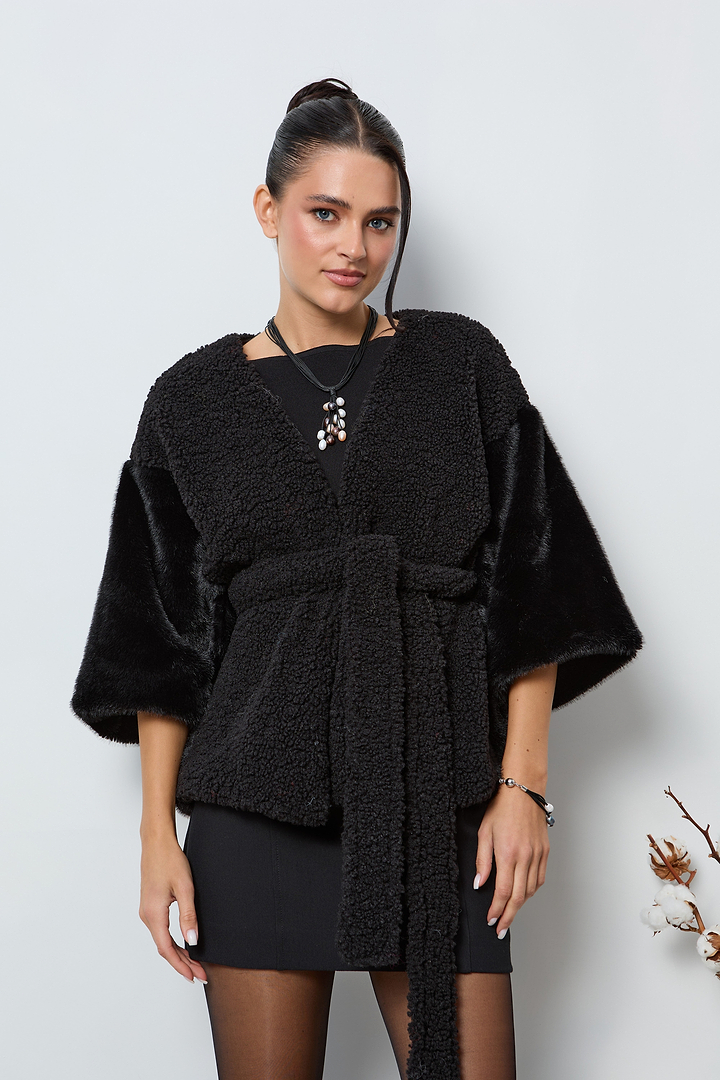 Fur Tie Front Short Kimono - Black
