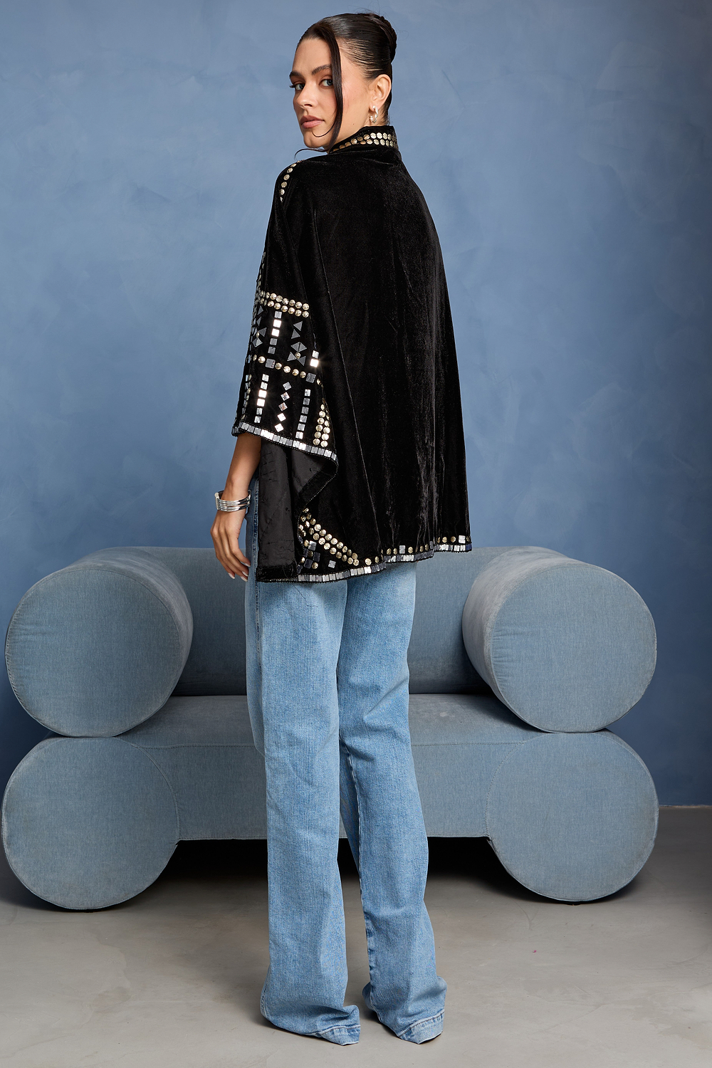Black Velvet Embellished Capelet - Black