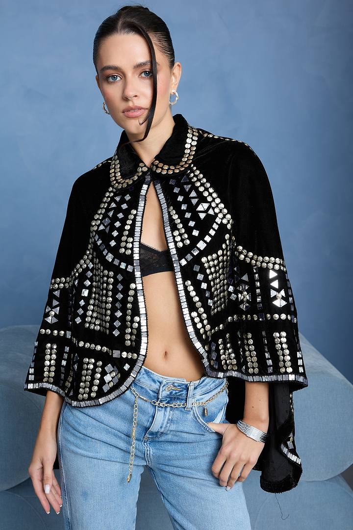 Black Velvet Embellished Capelet - Black
