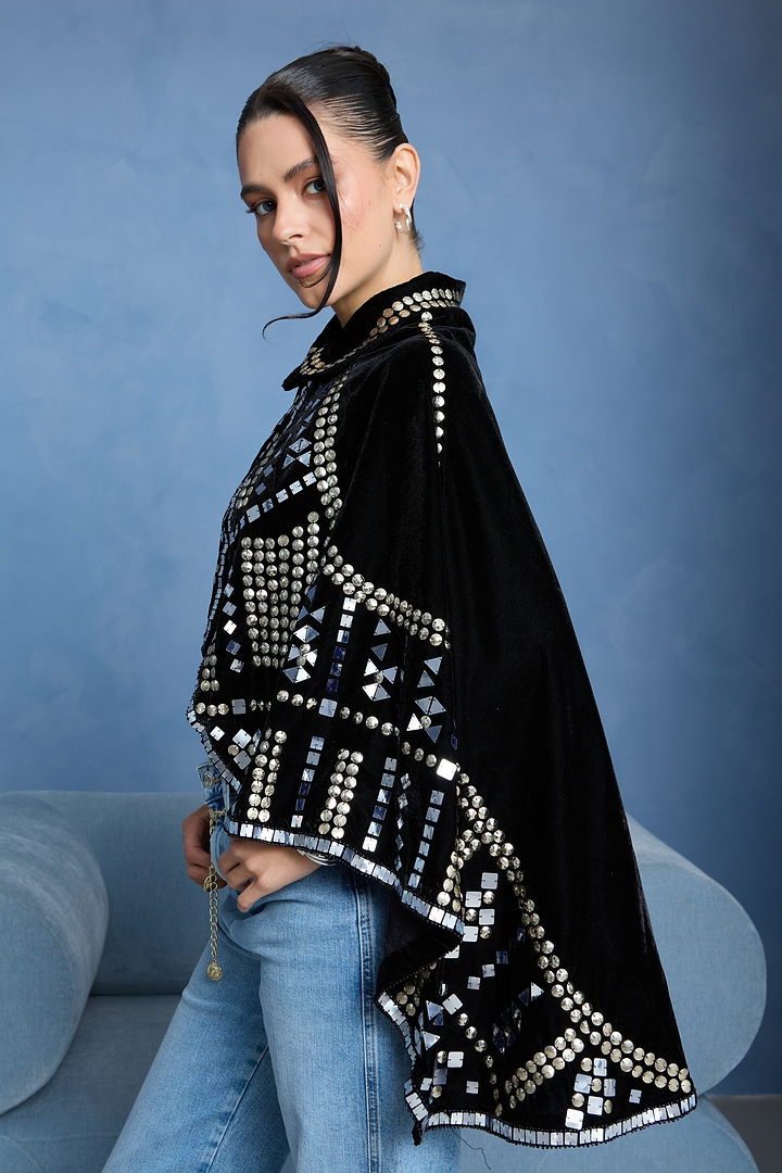 Black Velvet Embellished Capelet - Black