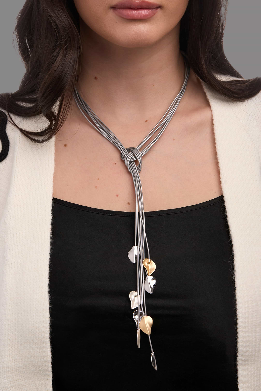 Metallic Leaf Leather Necklace - Grey