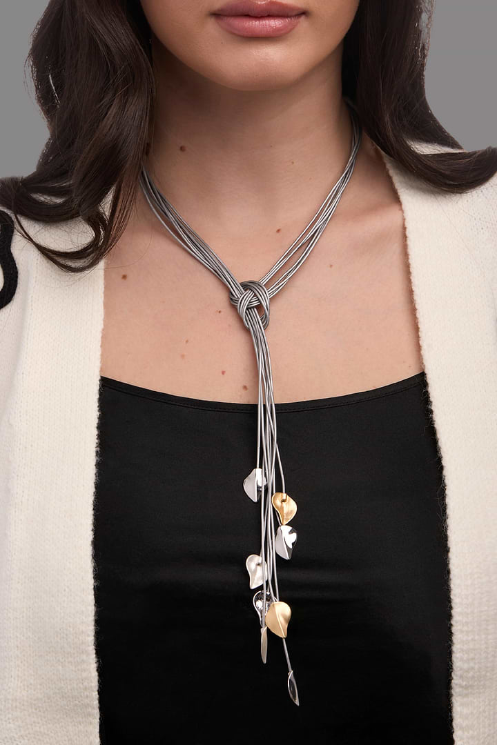 Metallic Leaf Leather Necklace - Grey