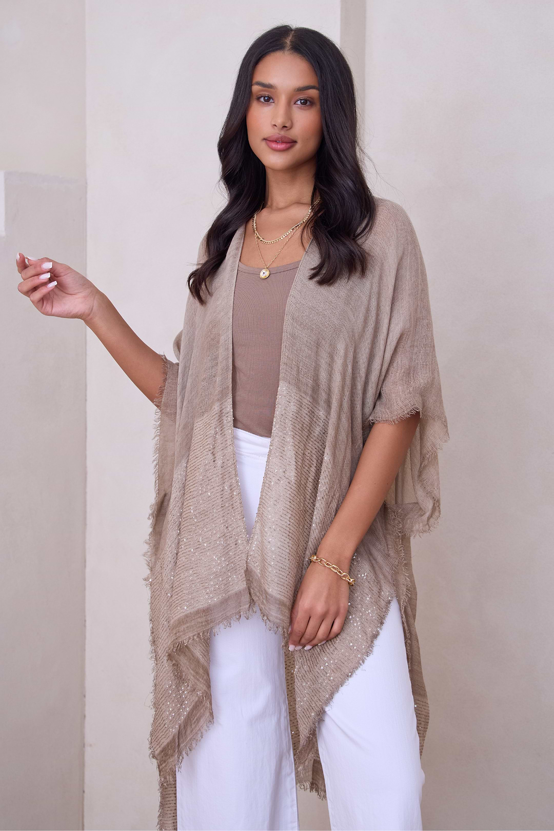 Fringed Sequin Kimono - Taupe