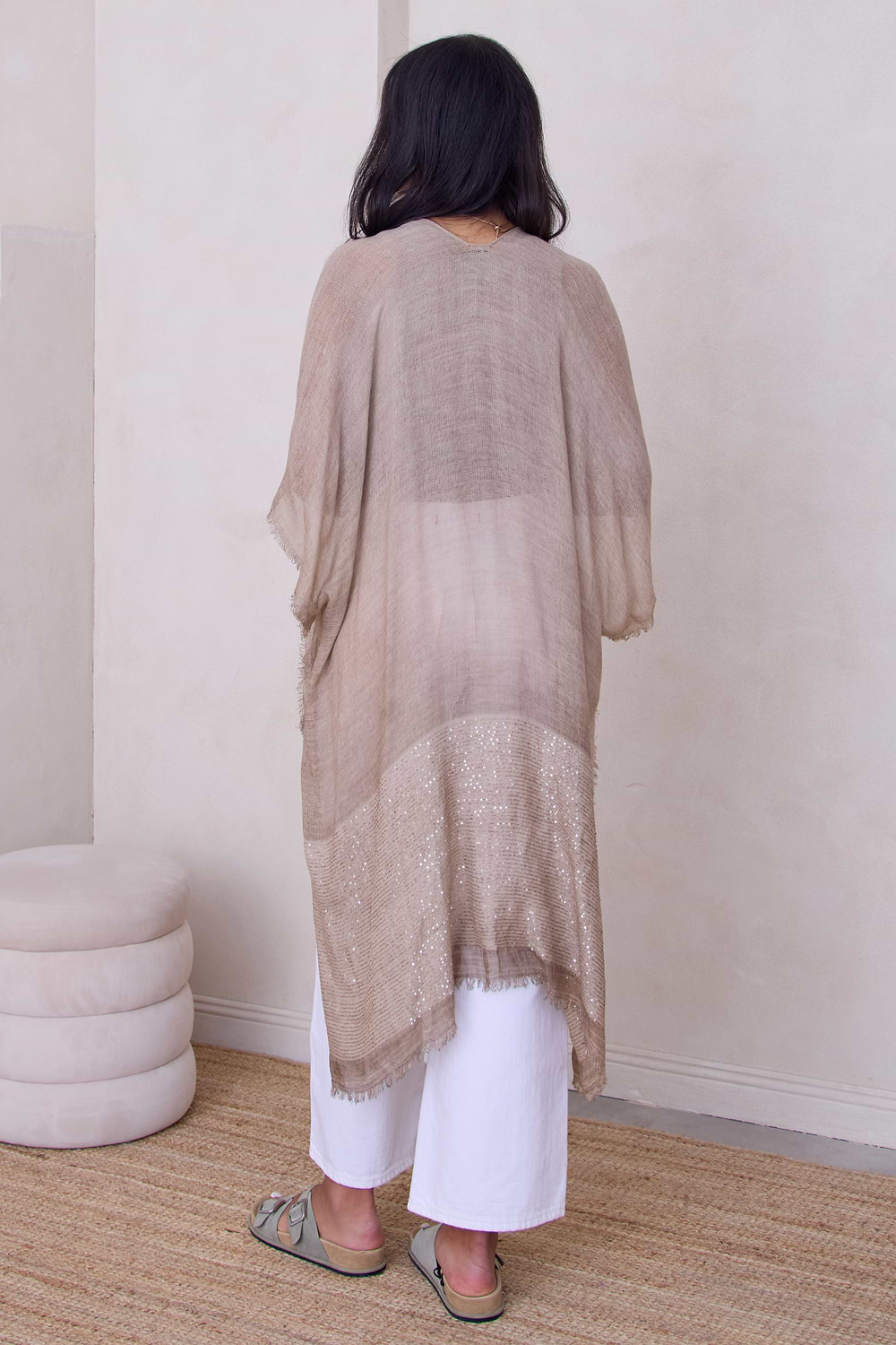 Fringed Sequin Kimono - Taupe