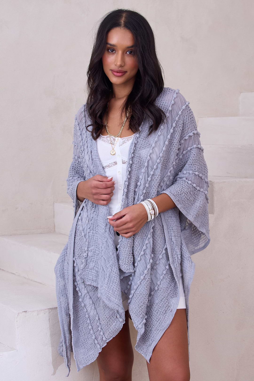 Bohemian Textured Kimono - Light Grey