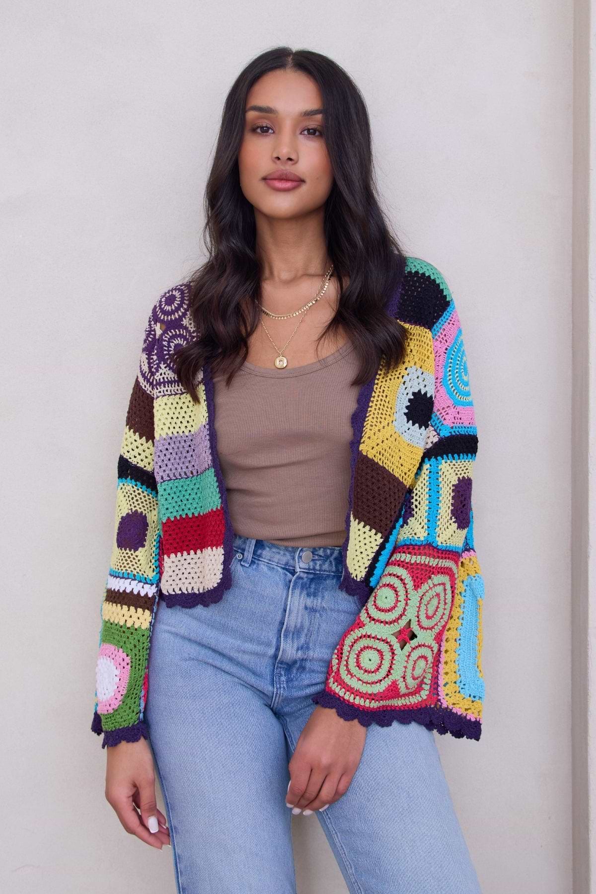 Multicolored Crochet Cardigan Cotton Jacket - Dark Multi