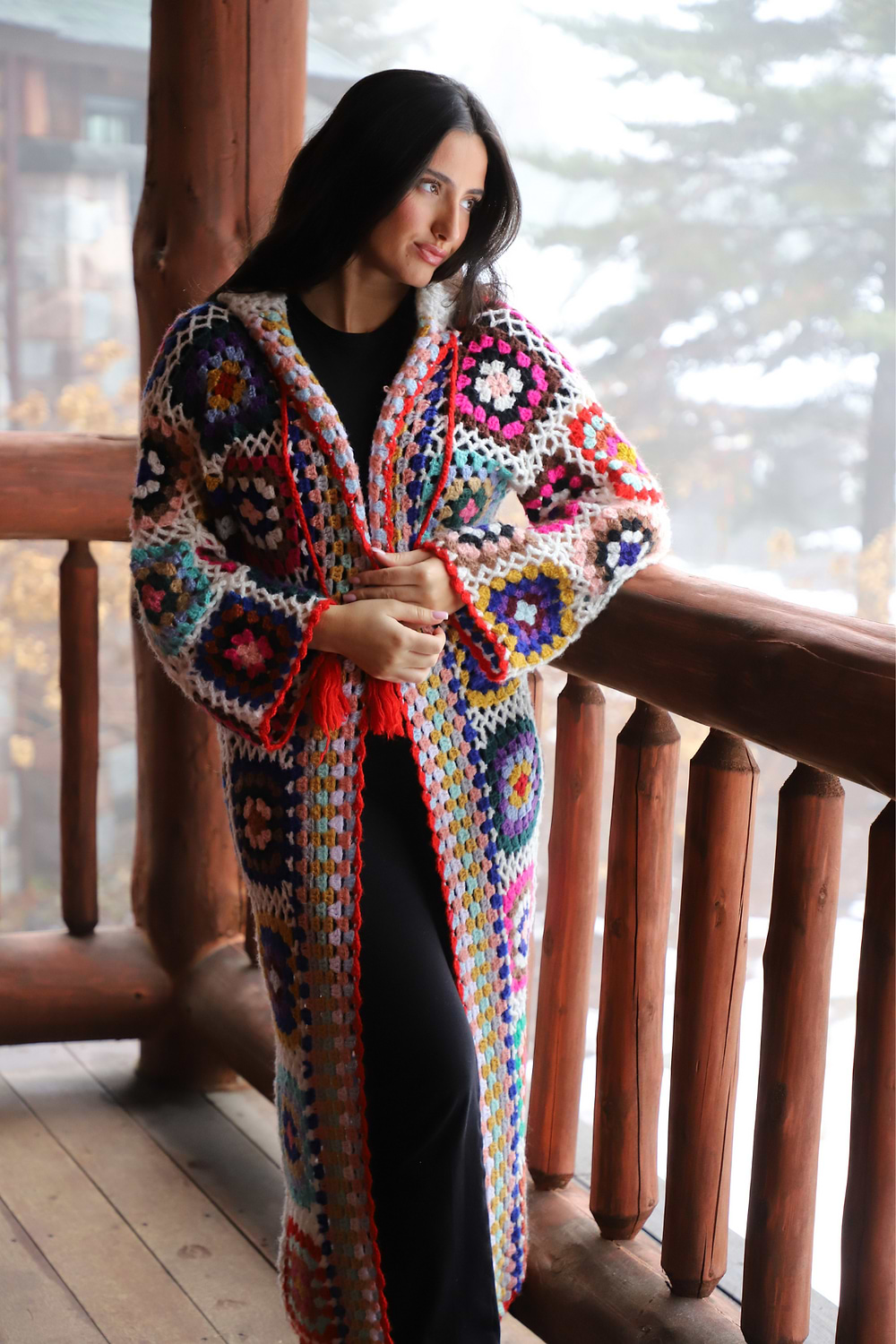 Hooded Granny Square Crochet Kimono White