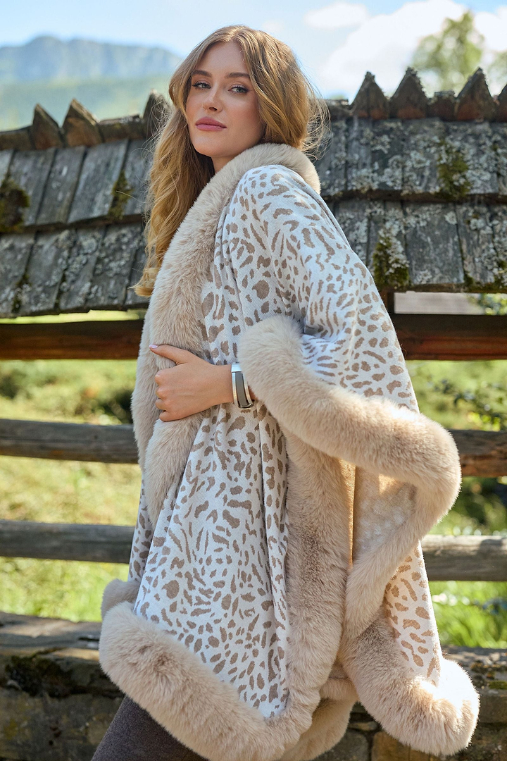 Animal Print Faux Fur Cape - Ivory