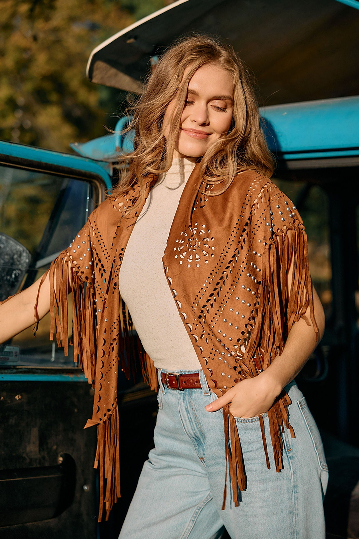 Paisley Laser Cut Fringe Triangle Wrap with Studs in Camel