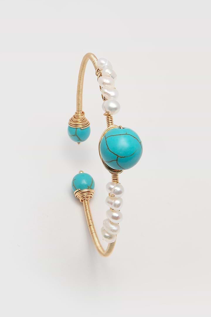 Turquoise Freshwater Pearl Cuff Bracelet Gold