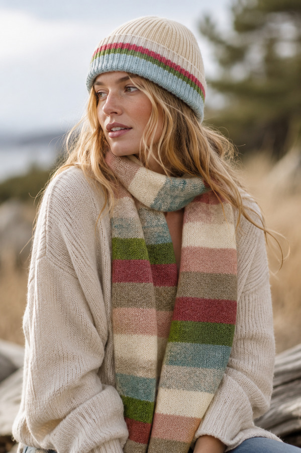 Cozy Striped Knit Scarf - Natural