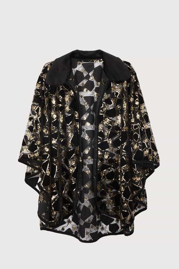 Velvet Sequin Collared Capelet - Black