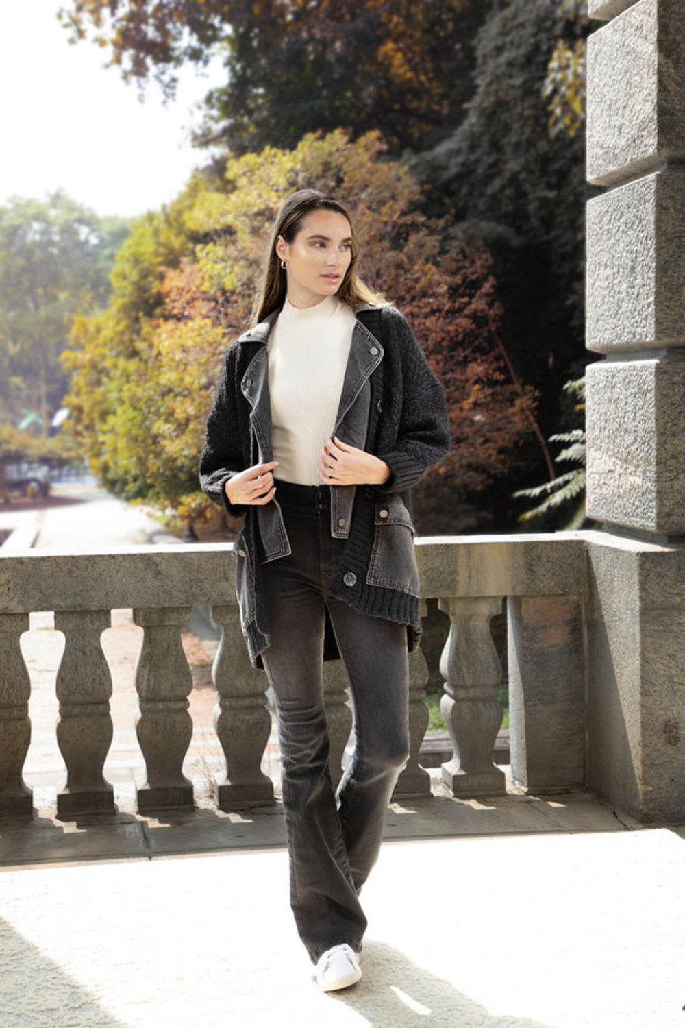 Knitted Denim Combo Jacket - Black