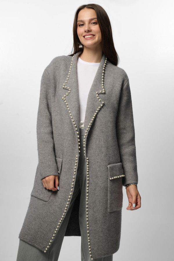 Pearl Trim Long Knit Blazer - Grey